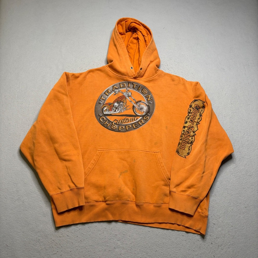 Athletech Hoodie Mens L Orange Tradition Custom Choppers Motorcycle Graphic Y2K